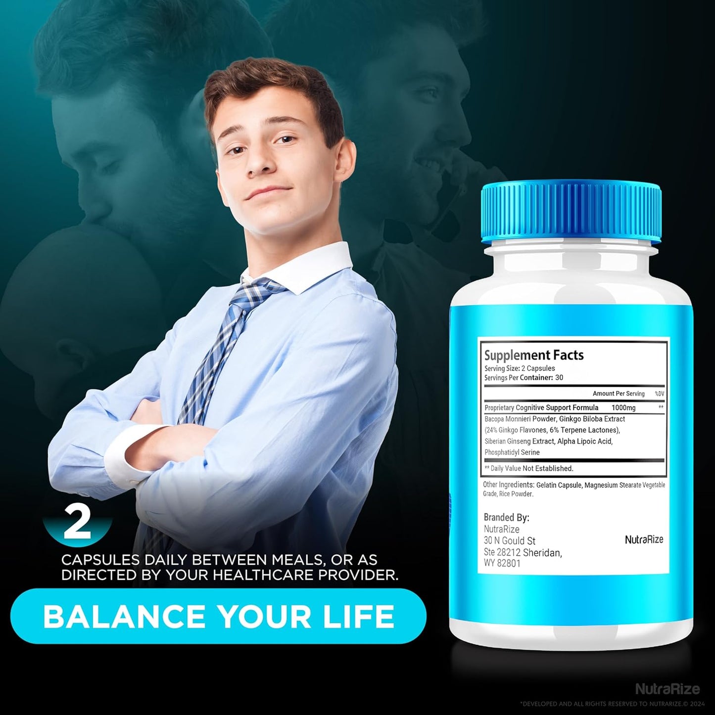 2-Pack NutraRize Memoria Capsules - Premium All Natural Supplement for Cognitive Health & Focus - Official Formula for Memory Boost - 120 Capsules
