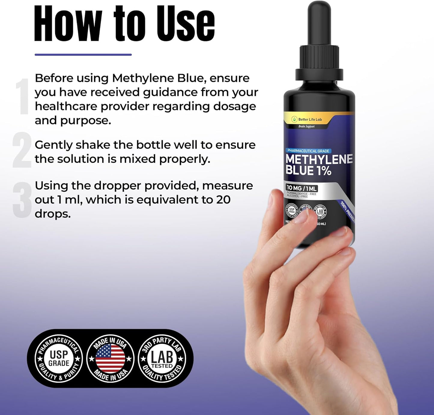 2 Pack of Better Life Lab Methylene Blue 99.99% Pharmaceutical Grade with Dropper - Made in USA, Health Dietary Supplement for Humans (1% 50ml Bottle)