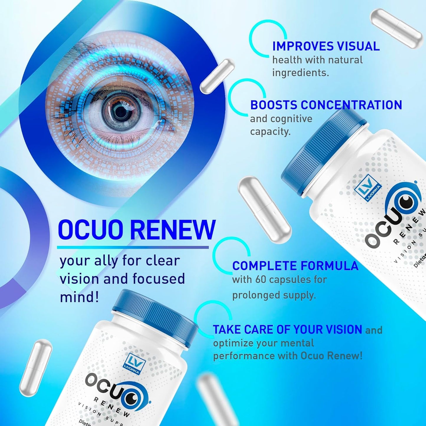 2 Pack of LIVORKA OcuRenew Capsules for Eye Vision and Focus - All Natural Advanced Formula, 120 Capsules for 2 Months - Reviews Included