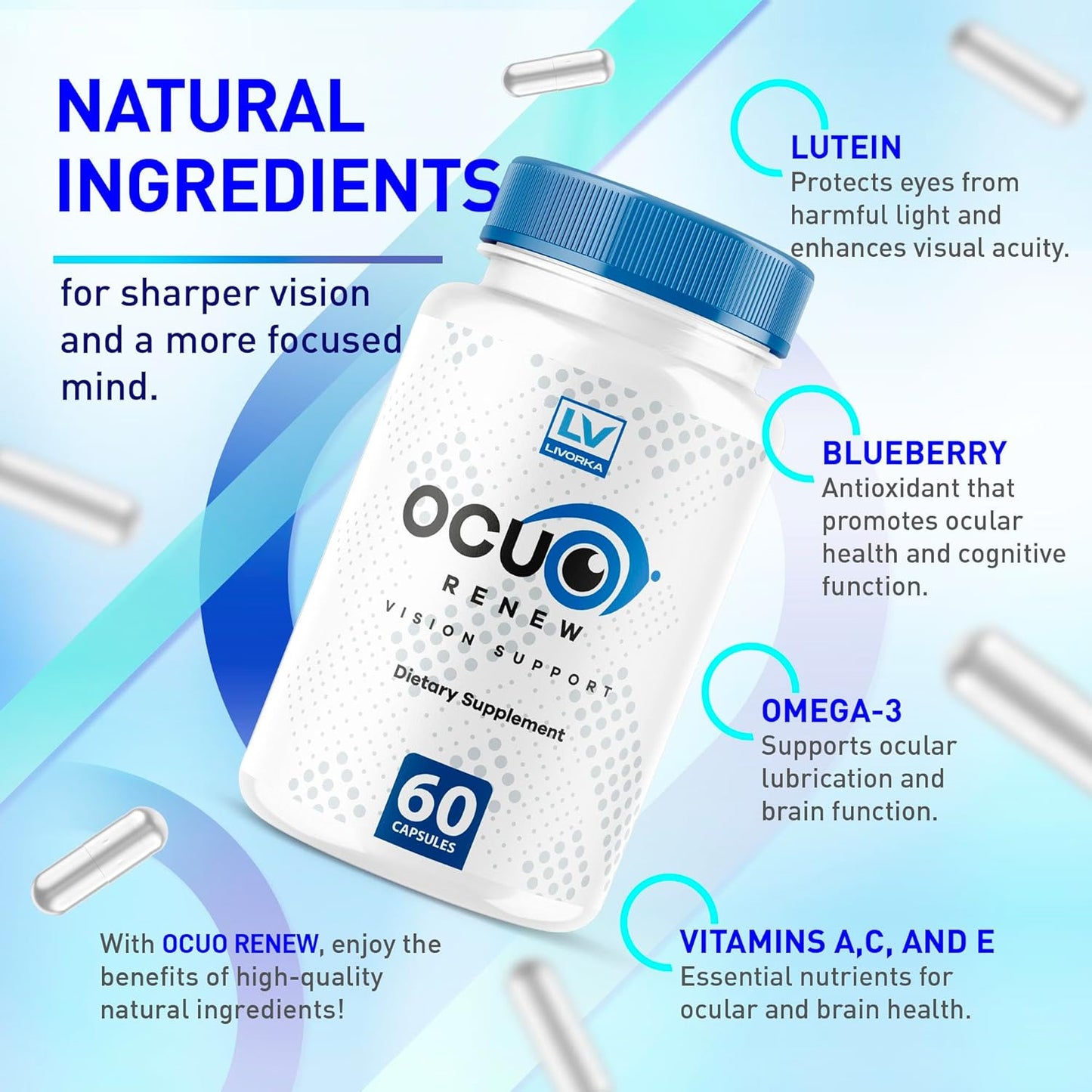 2 Pack of LIVORKA OcuRenew Capsules for Eye Vision and Focus - All Natural Advanced Formula, 120 Capsules for 2 Months - Reviews Included