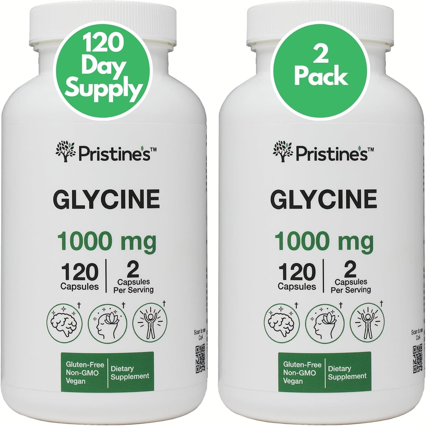 2 Pack of PRISTINE Glycine 1000MG Amino Acid Sleep Support Capsules - Muscle Recovery, Collagen & Kidney Supplement - Vegan, Non GMO, Gluten Free - 120 Day Supply