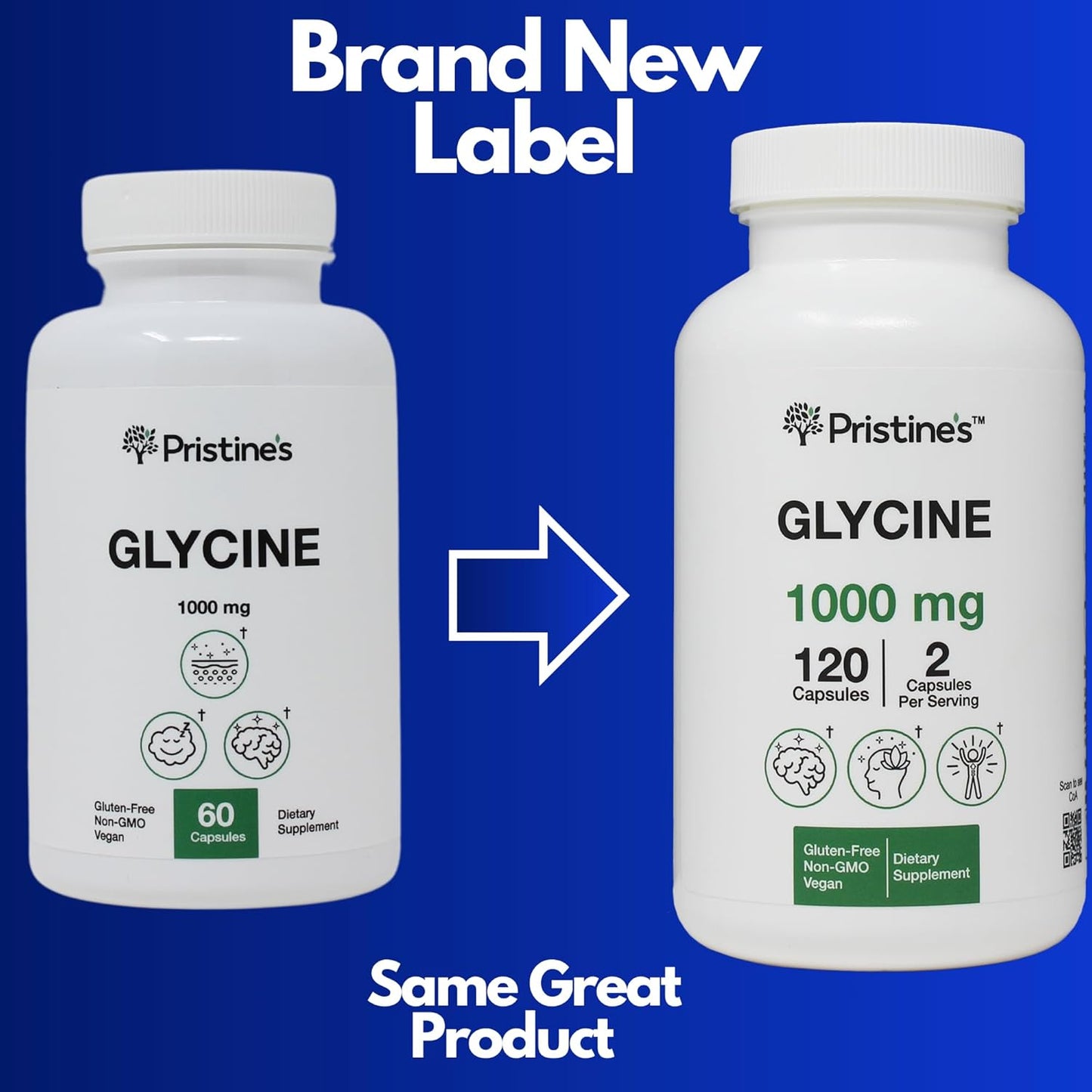 2 Pack of PRISTINE Glycine 1000MG Amino Acid Sleep Support Capsules - Muscle Recovery, Collagen & Kidney Supplement - Vegan, Non GMO, Gluten Free - 120 Day Supply