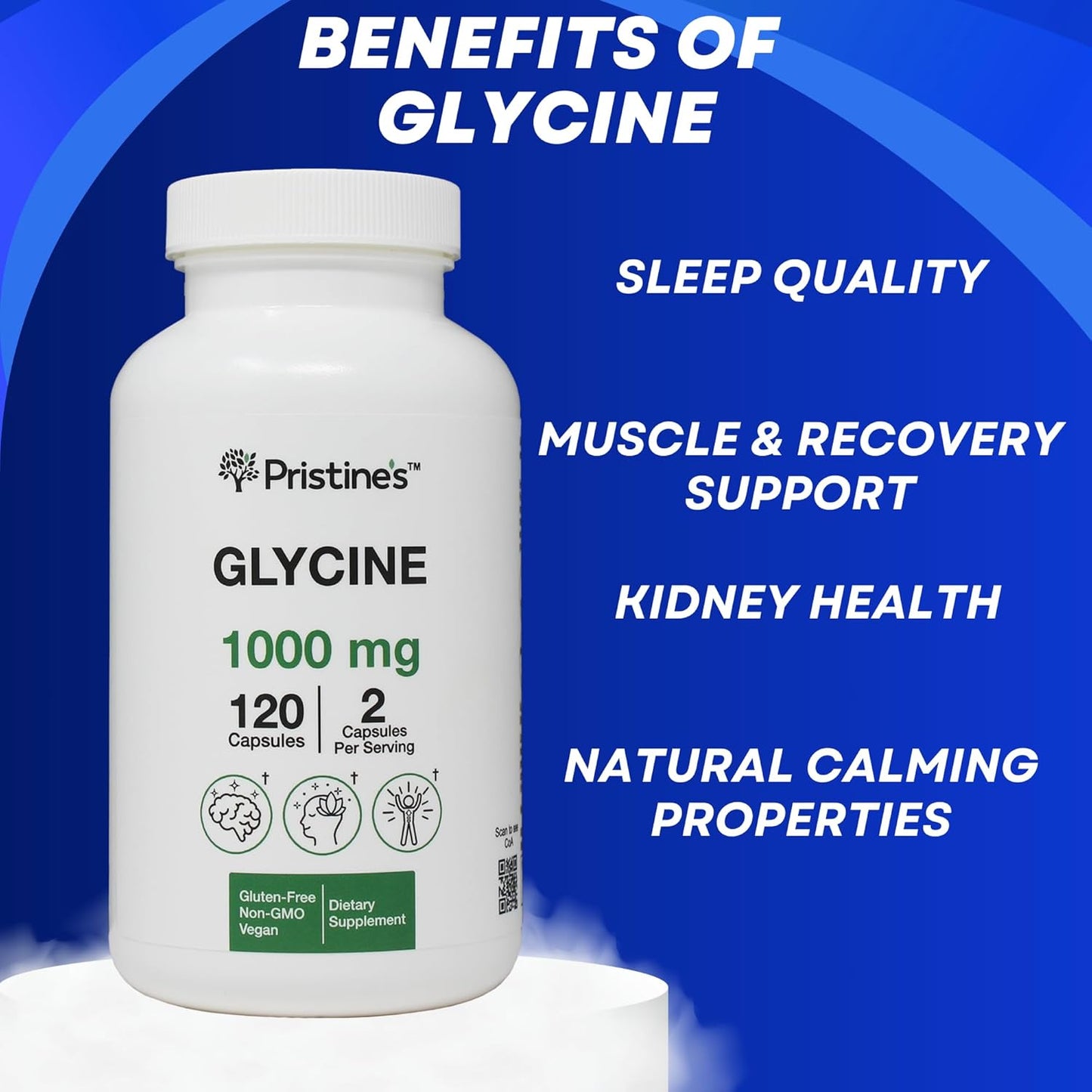 2 Pack of PRISTINE Glycine 1000MG Amino Acid Sleep Support Capsules - Muscle Recovery, Collagen & Kidney Supplement - Vegan, Non GMO, Gluten Free - 120 Day Supply