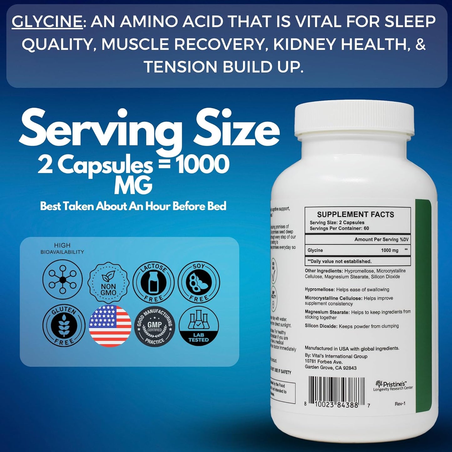 2 Pack of PRISTINE Glycine 1000MG Amino Acid Sleep Support Capsules - Muscle Recovery, Collagen & Kidney Supplement - Vegan, Non GMO, Gluten Free - 120 Day Supply