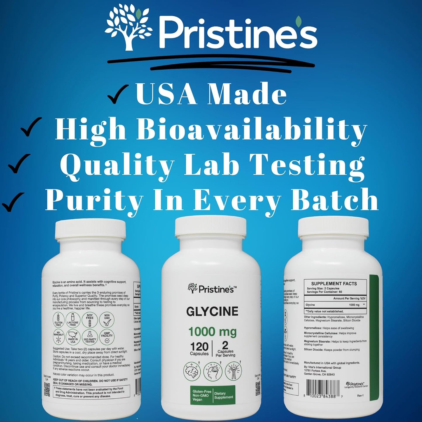 2 Pack of PRISTINE Glycine 1000MG Amino Acid Sleep Support Capsules - Muscle Recovery, Collagen & Kidney Supplement - Vegan, Non GMO, Gluten Free - 120 Day Supply