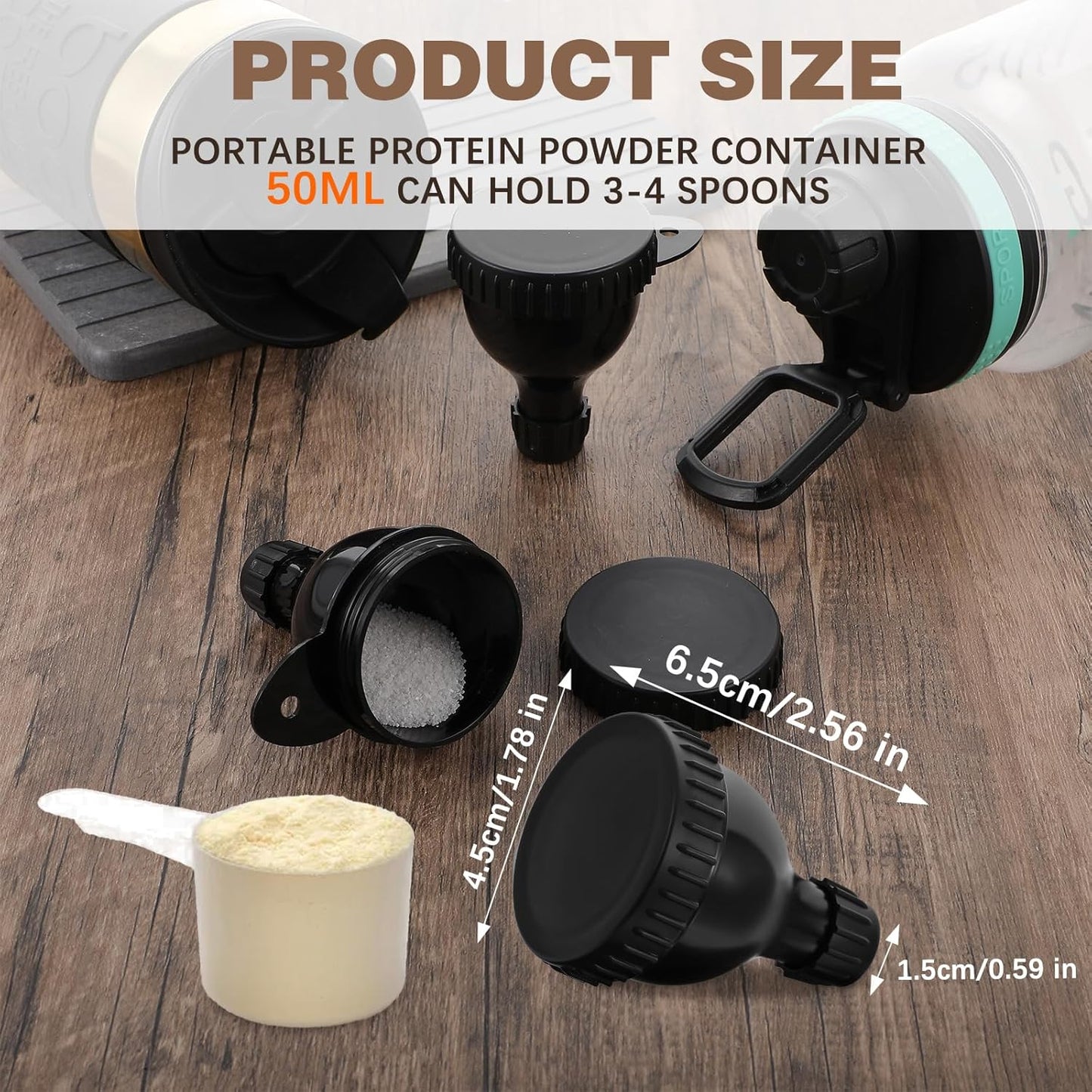 2 Pack Portable Protein Powder Funnel Travel Container Set with Keychain - Black Color, Ideal for Mixing Powder in Water Bottles on the Go