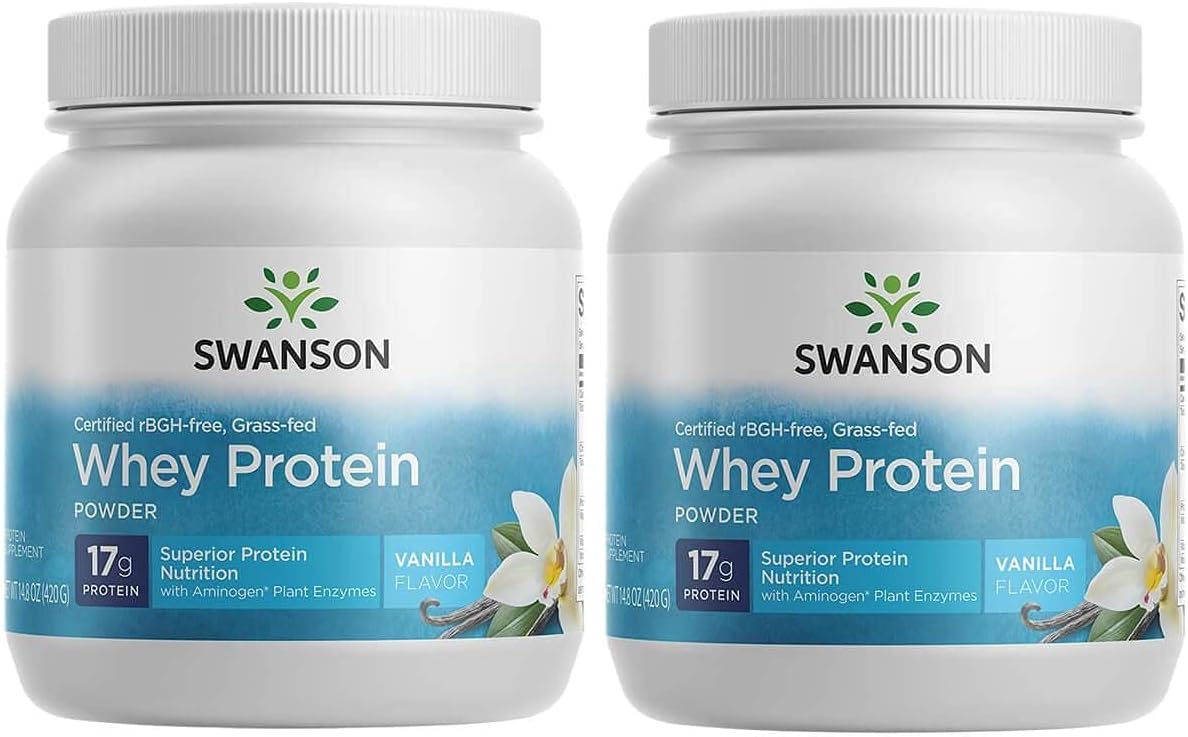 2 Pack Swanson Grass Fed Cold Pressed Vanilla Whejson Protein Powder 14.8 oz with Aminogen Enzyme for Muscle Workout Support