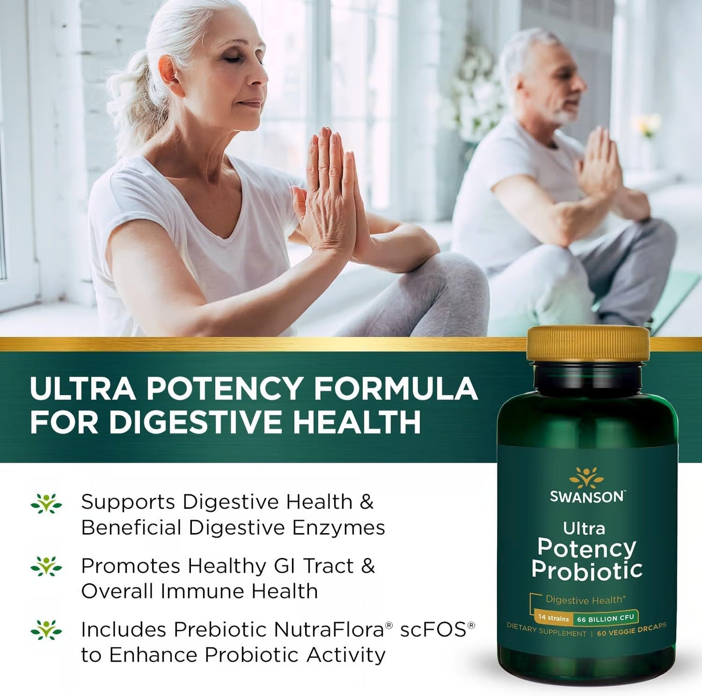 2 Pack Swanson Ultra Potency Probiotic with 66 Billion CFU, Prebiotic NutraFlora, 60 Veggie Capsules - Digestive & Immune Support