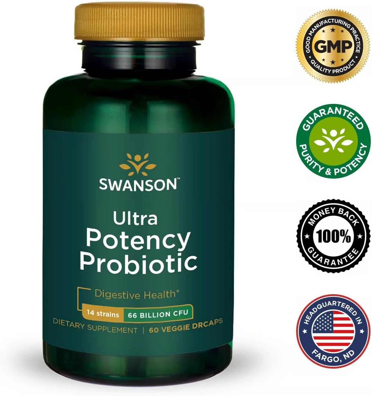 2 Pack Swanson Ultra Potency Probiotic with 66 Billion CFU, Prebiotic NutraFlora, 60 Veggie Capsules - Digestive & Immune Support