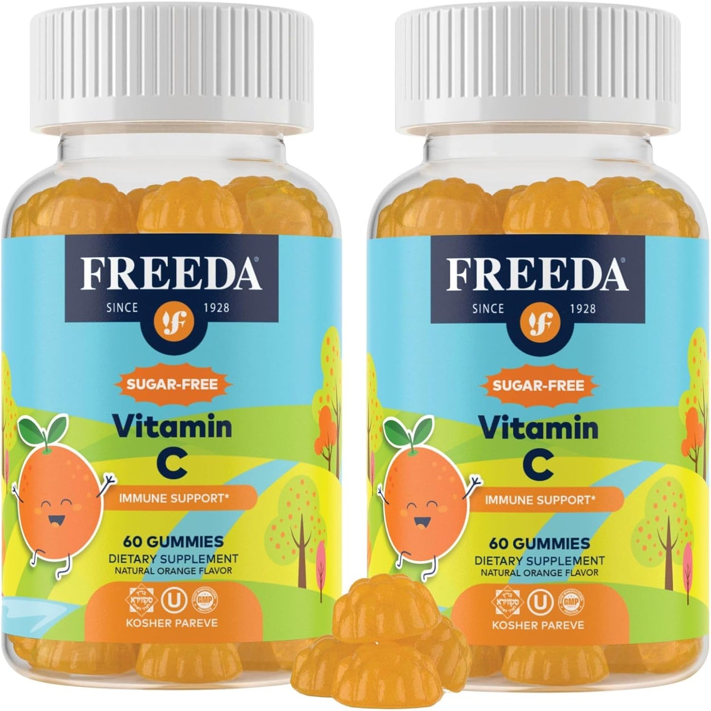 2 Packs of FREEDA Vitamin C Gummies for Kids & Adults - Sugar-Free Chewable Vitamin C Supplement with Delicious Orange Flavor - Kosher Certified, Immune Support - 120 Gummies Total