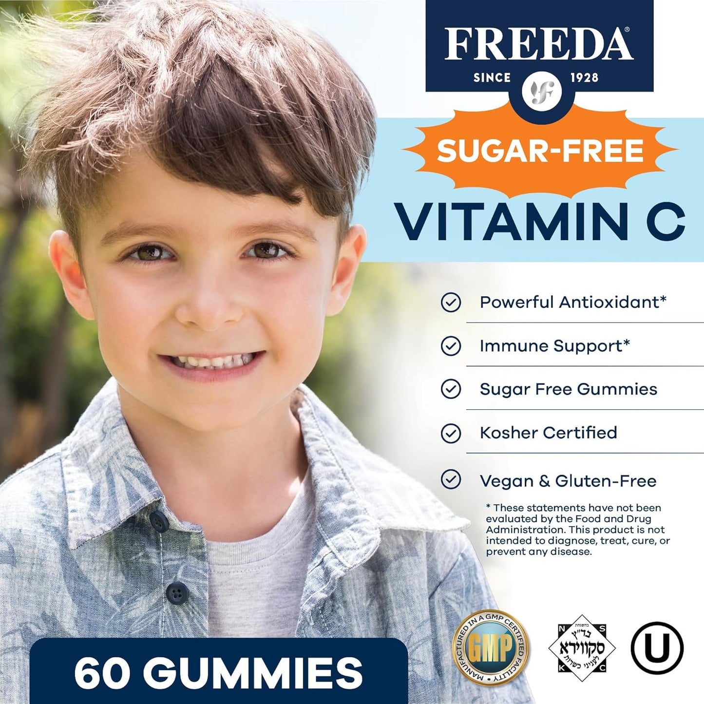 2 Packs of FREEDA Vitamin C Gummies for Kids & Adults - Sugar-Free Chewable Vitamin C Supplement with Delicious Orange Flavor - Kosher Certified, Immune Support - 120 Gummies Total