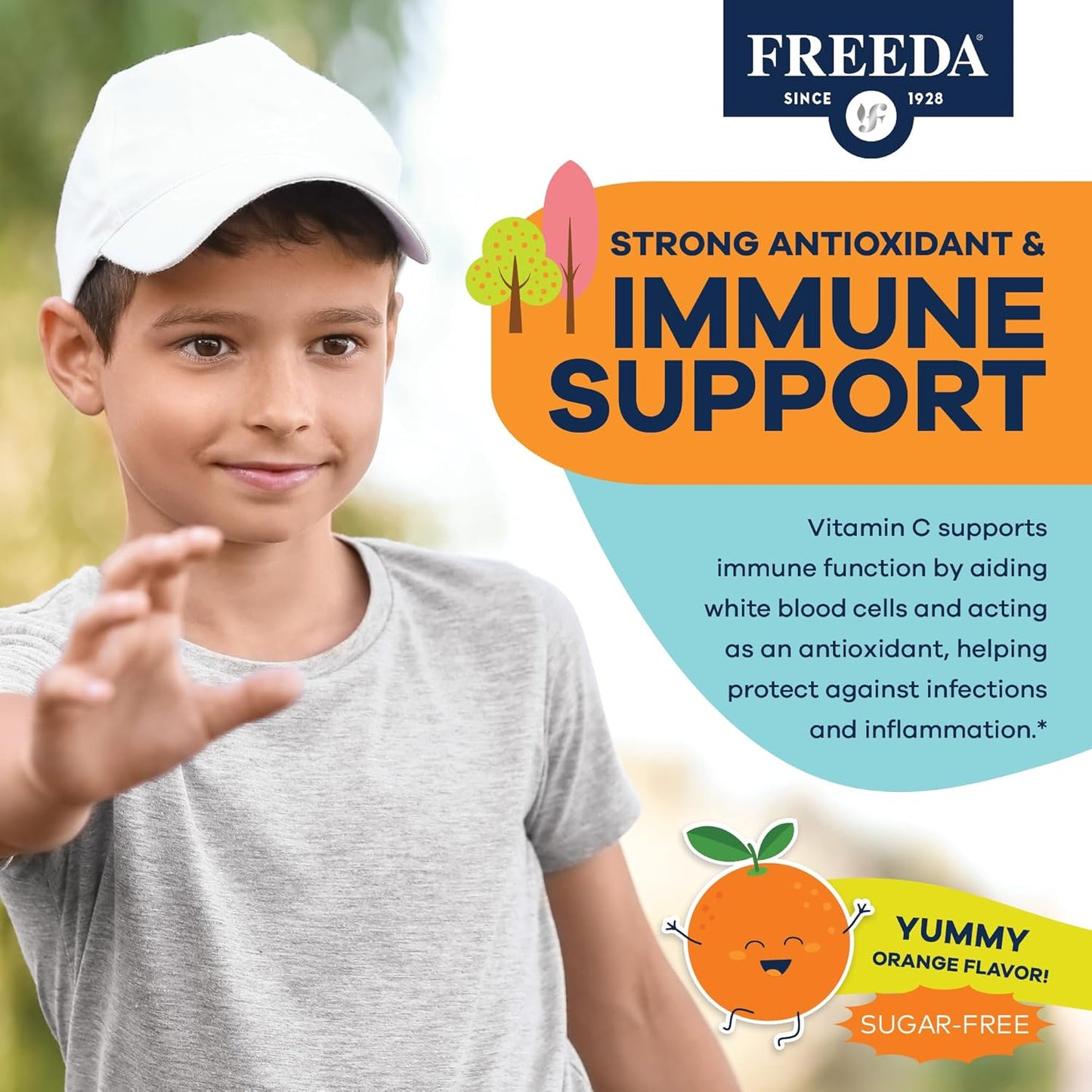 2 Packs of FREEDA Vitamin C Gummies for Kids & Adults - Sugar-Free Chewable Vitamin C Supplement with Delicious Orange Flavor - Kosher Certified, Immune Support - 120 Gummies Total