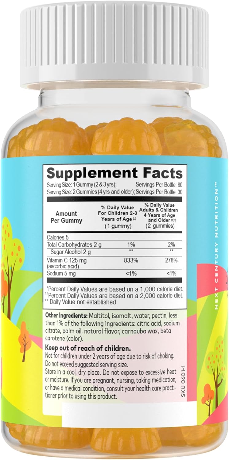 2 Packs of FREEDA Vitamin C Gummies for Kids & Adults - Sugar-Free Chewable Vitamin C Supplement with Delicious Orange Flavor - Kosher Certified, Immune Support - 120 Gummies Total