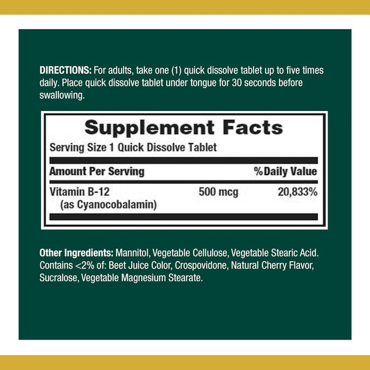 2 Packs of Nature's Bounty Vitamin B12 500mcg Quick Dissolve Tablets for Energy & Nervous System Health