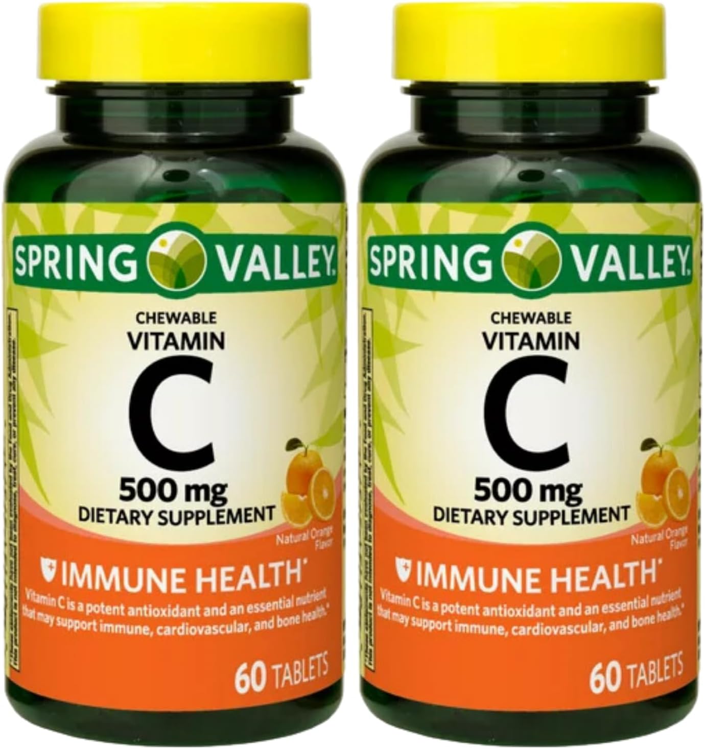 2 Packs of SCHMIDT EMPIRE Spring Valley Vitamin C Chewable Tablets - 60 Count, 500mg, Orange Flavor for Immune Health