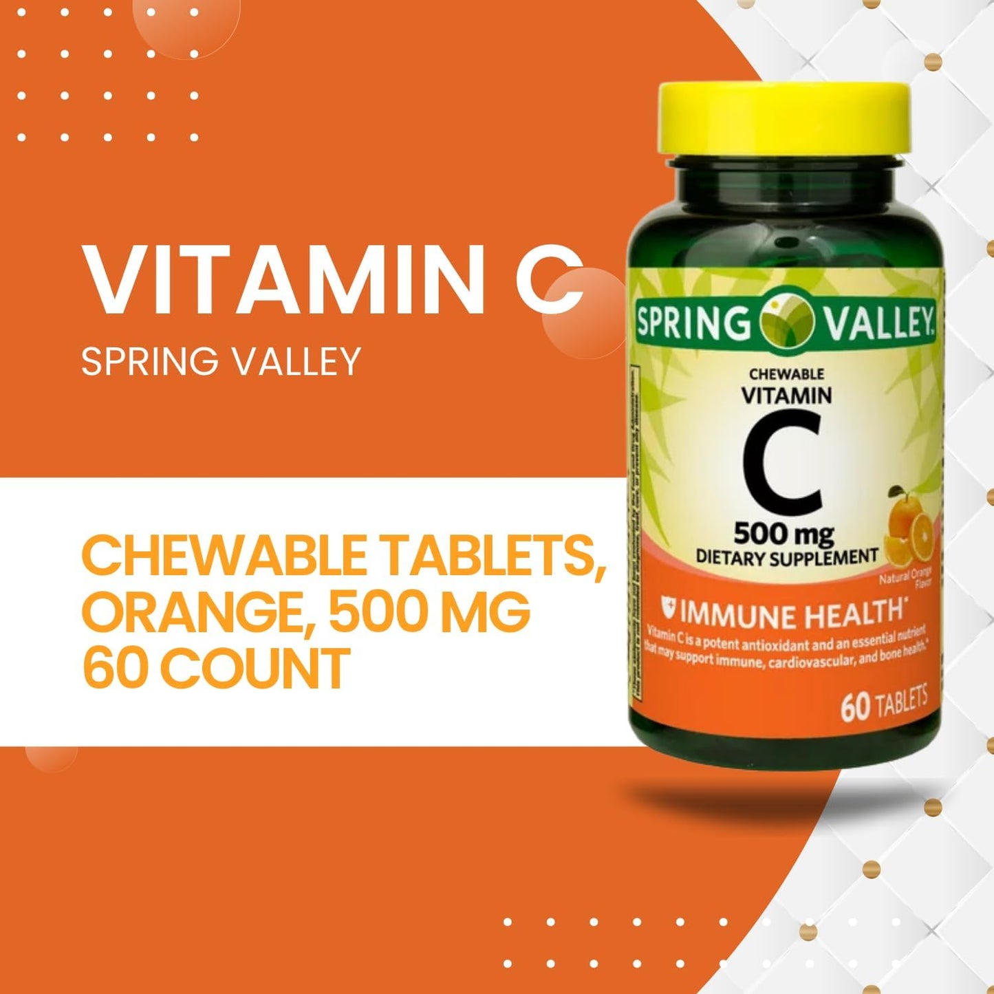 2 Packs of SCHMIDT EMPIRE Spring Valley Vitamin C Chewable Tablets - 60 Count, 500mg, Orange Flavor for Immune Health