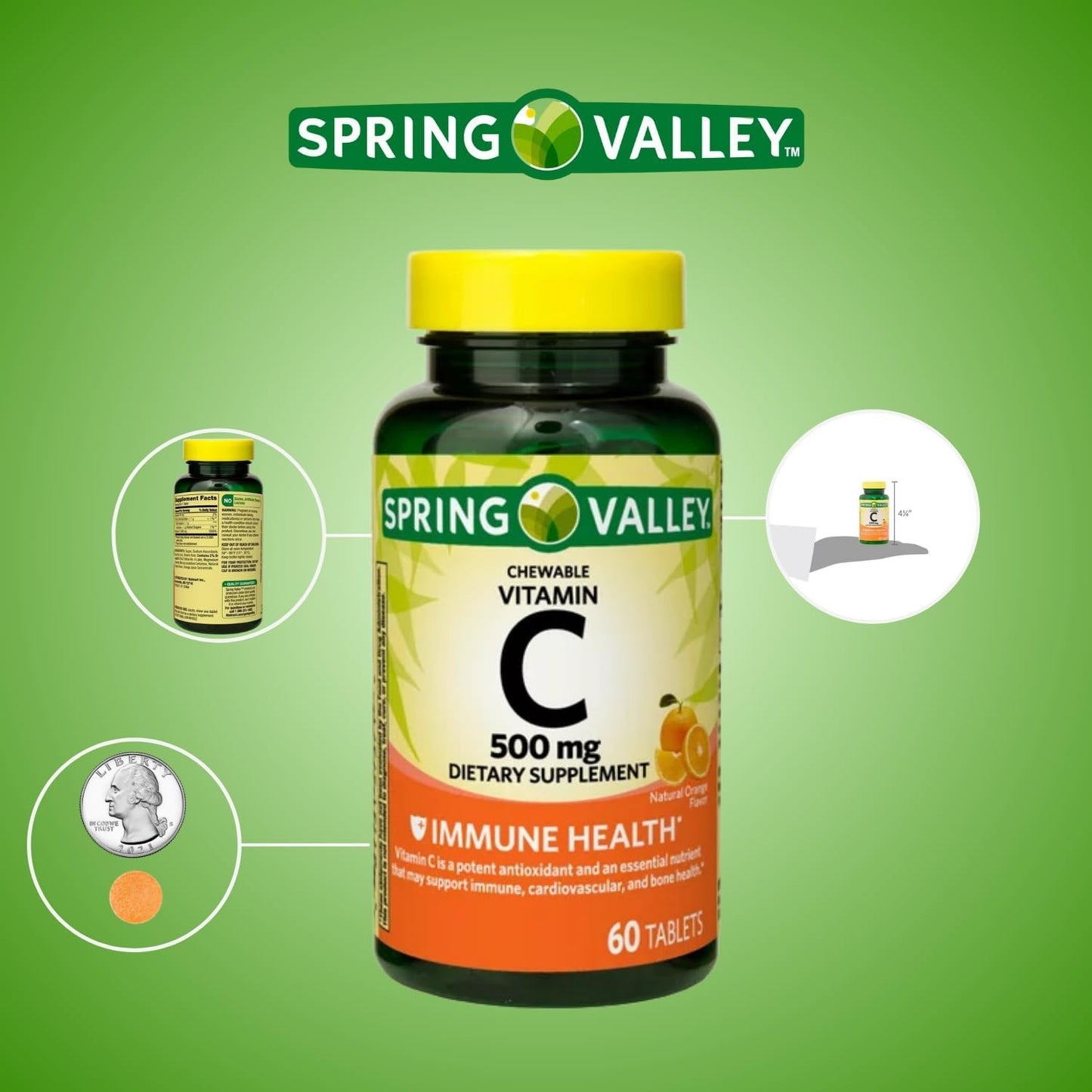 2 Packs of SCHMIDT EMPIRE Spring Valley Vitamin C Chewable Tablets - 60 Count, 500mg, Orange Flavor for Immune Health