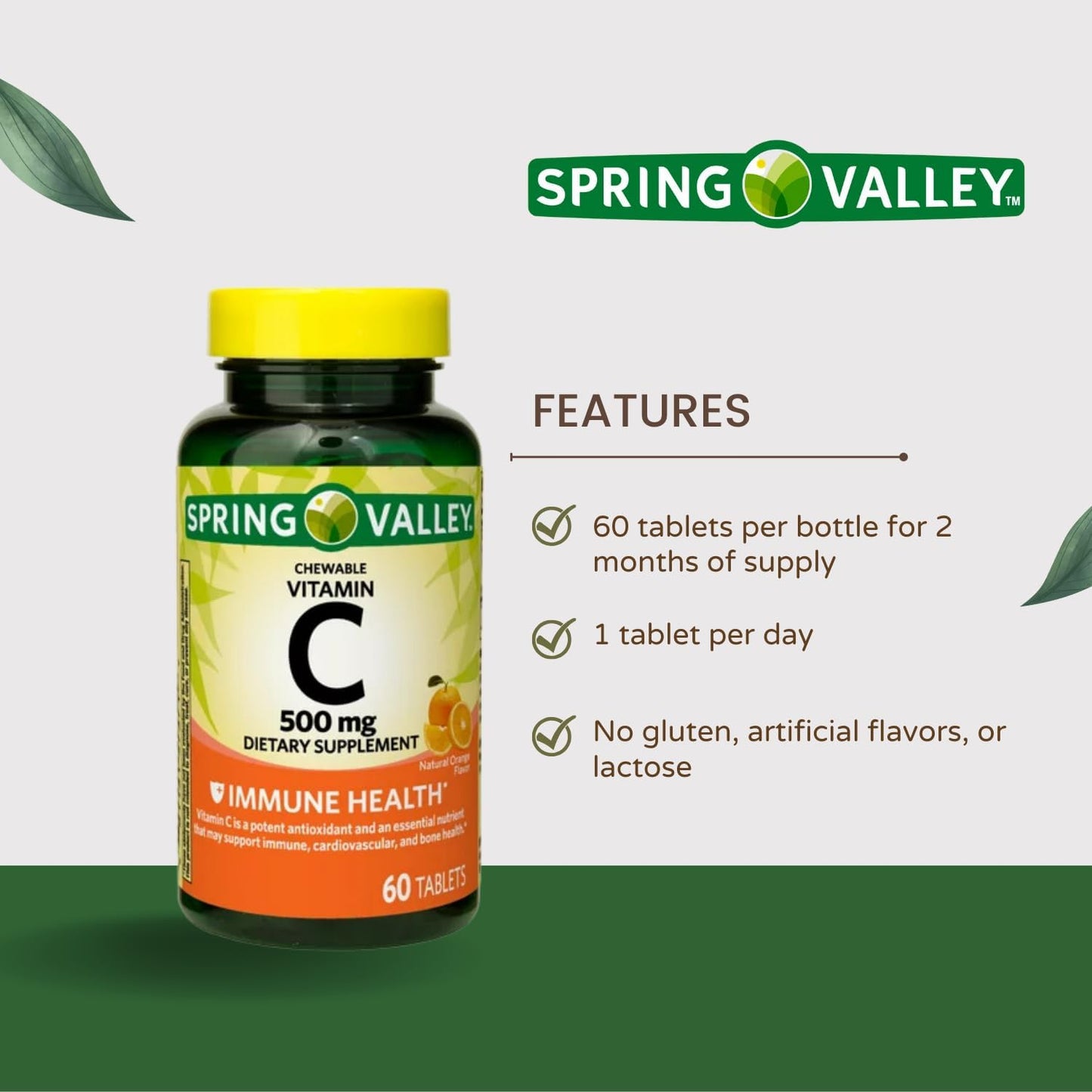 2 Packs of SCHMIDT EMPIRE Spring Valley Vitamin C Chewable Tablets - 60 Count, 500mg, Orange Flavor for Immune Health