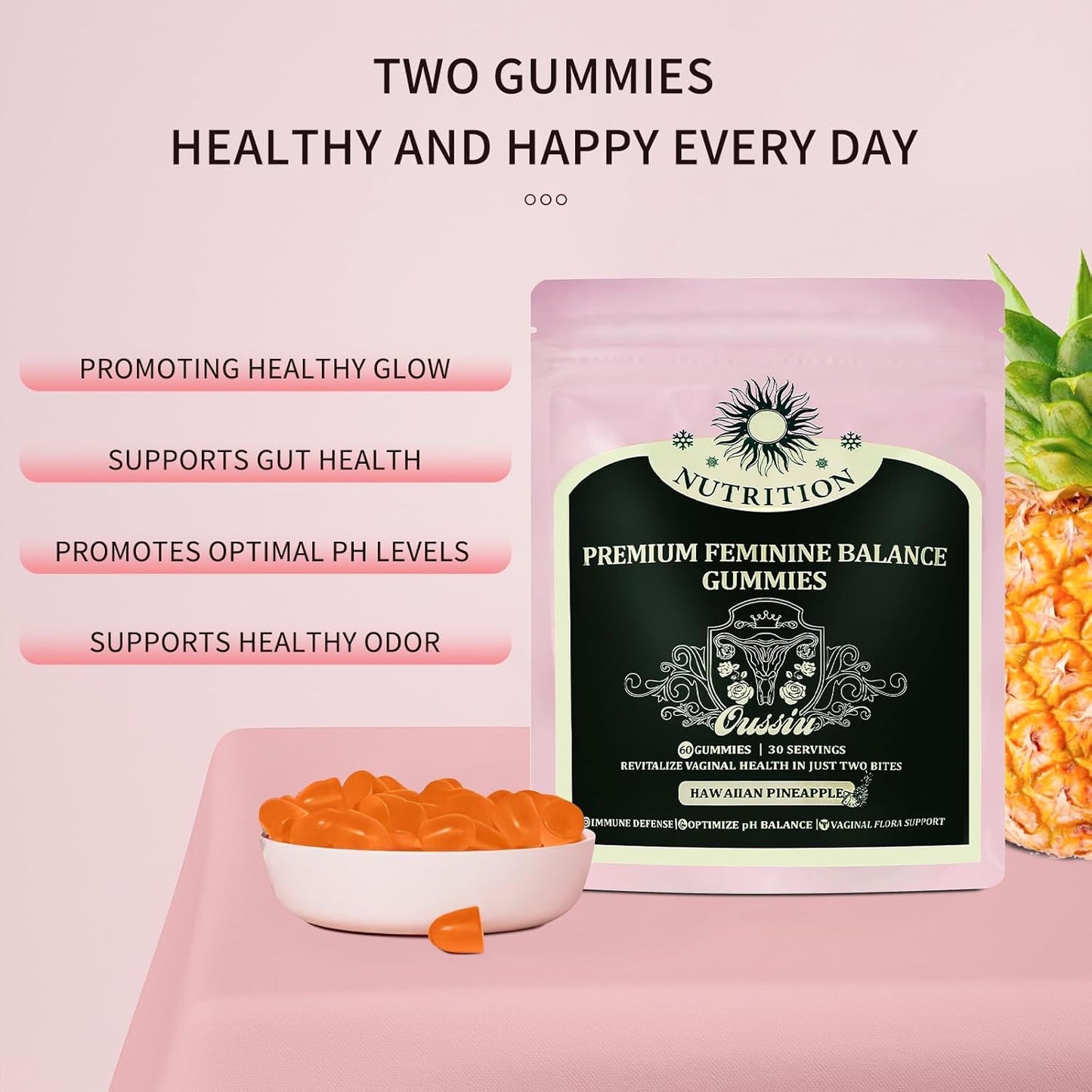 2 Packs of Taeci Premium Feminine Balance Gummies - Hawaiian Pineapple Flavor, Promotes Women's Health, Vitality, and Gut Health (120 Gummies Total)