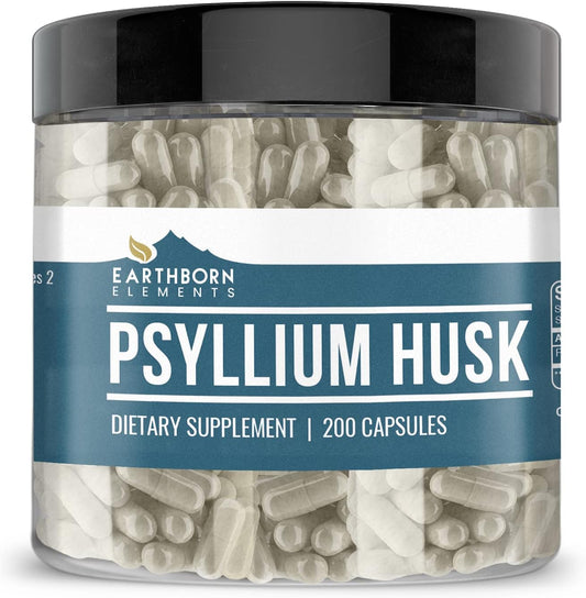 200 Pure & Undiluted Psyllium Husk Capsules by Earthborn Elements - Additive-Free Fiber Supplement