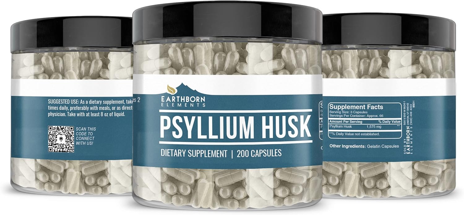 200 Pure & Undiluted Psyllium Husk Capsules by Earthborn Elements - Additive-Free Fiber Supplement