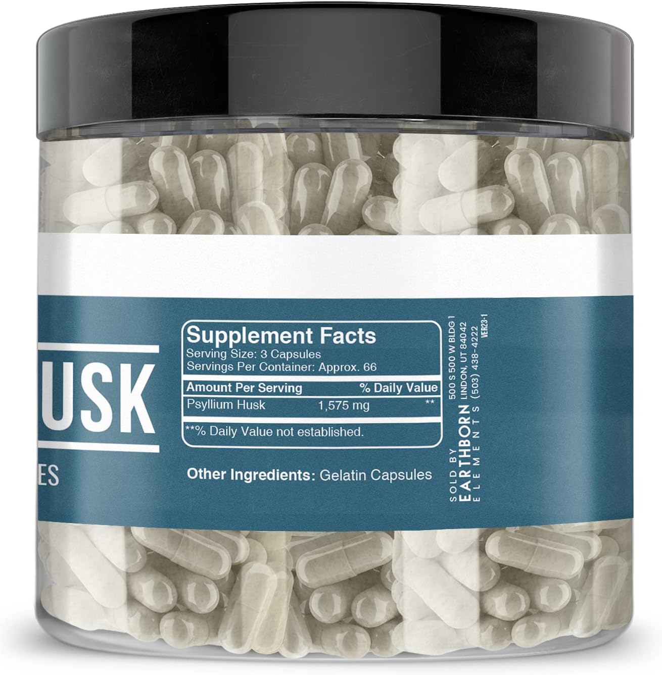 200 Pure & Undiluted Psyllium Husk Capsules by Earthborn Elements - Additive-Free Fiber Supplement