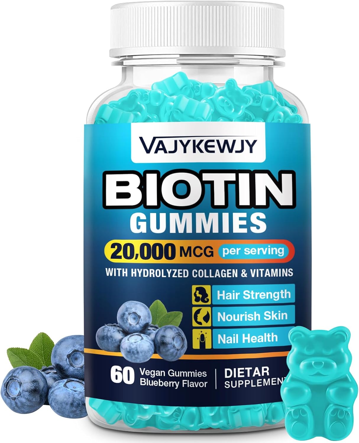 20,000 mcg Vegan Biotin Gummies for Hair, Skin & Nails - Suitable for Men & Women - 60 Gummies