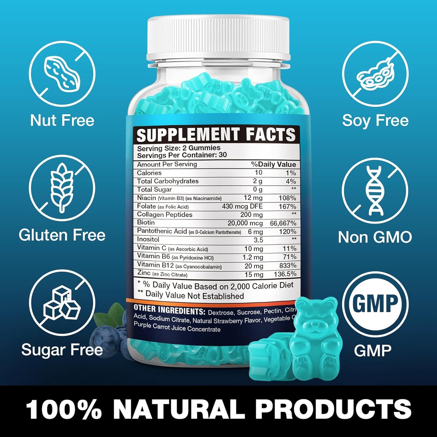 20,000 mcg Vegan Biotin Gummies for Hair, Skin & Nails - Suitable for Men & Women - 60 Gummies