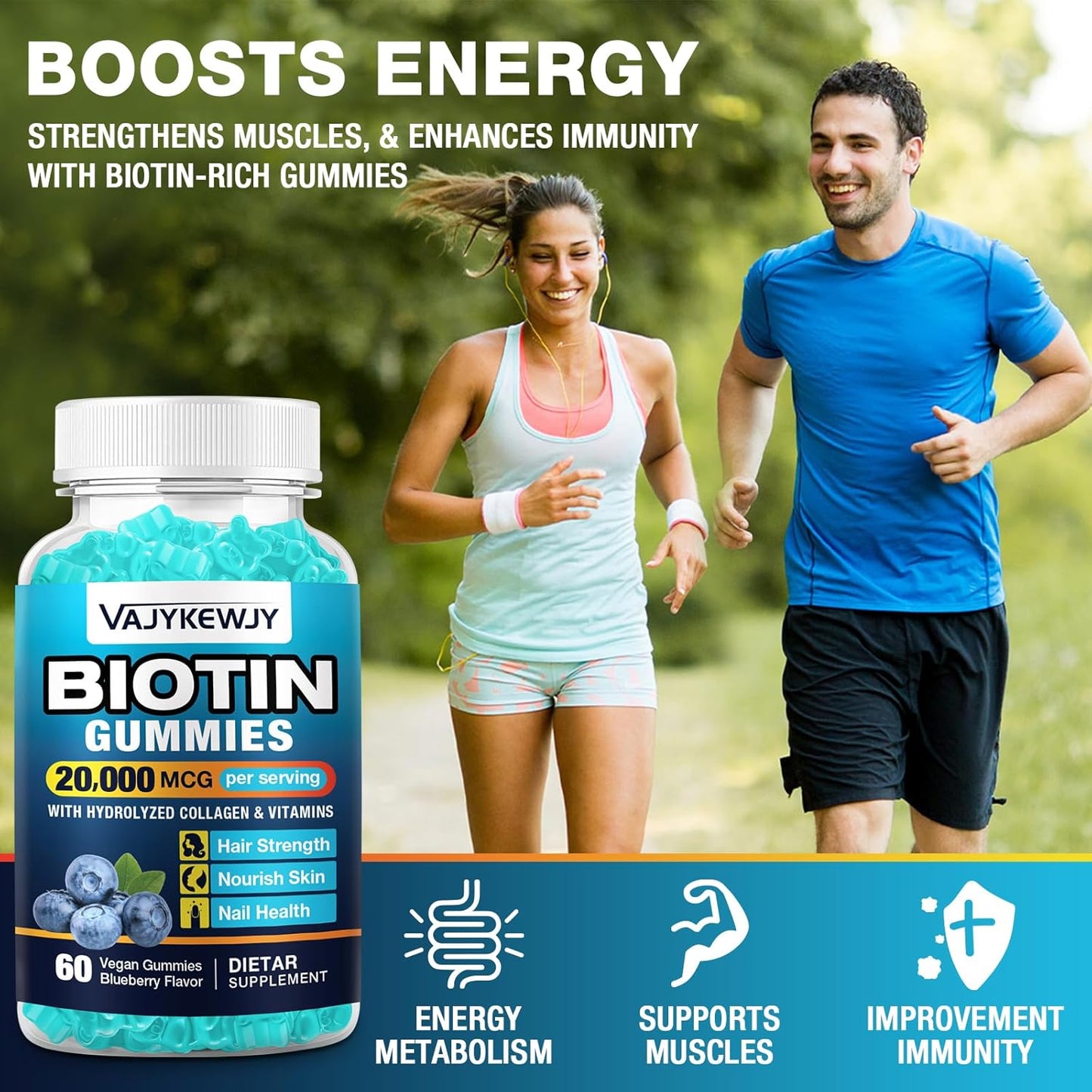 20,000 mcg Vegan Biotin Gummies for Hair, Skin & Nails - Suitable for Men & Women - 60 Gummies