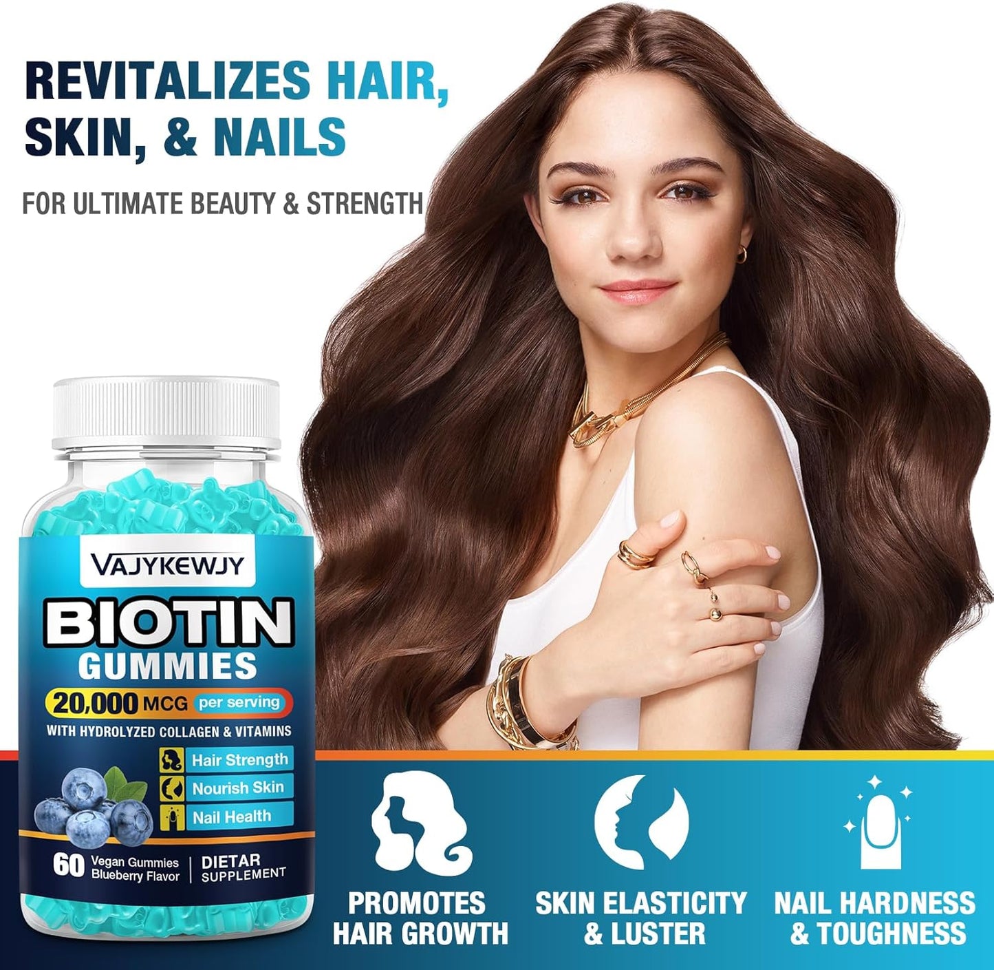 20,000 mcg Vegan Biotin Gummies for Hair, Skin & Nails - Suitable for Men & Women - 60 Gummies