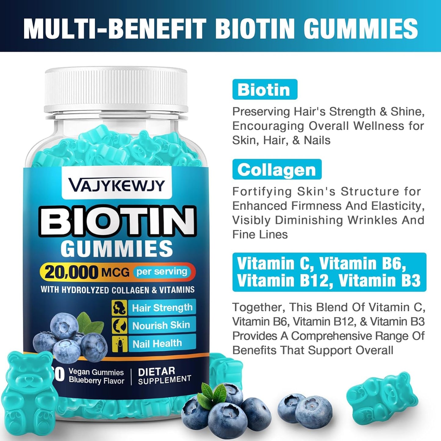 20,000 mcg Vegan Biotin Gummies for Hair, Skin & Nails - Suitable for Men & Women - 60 Gummies