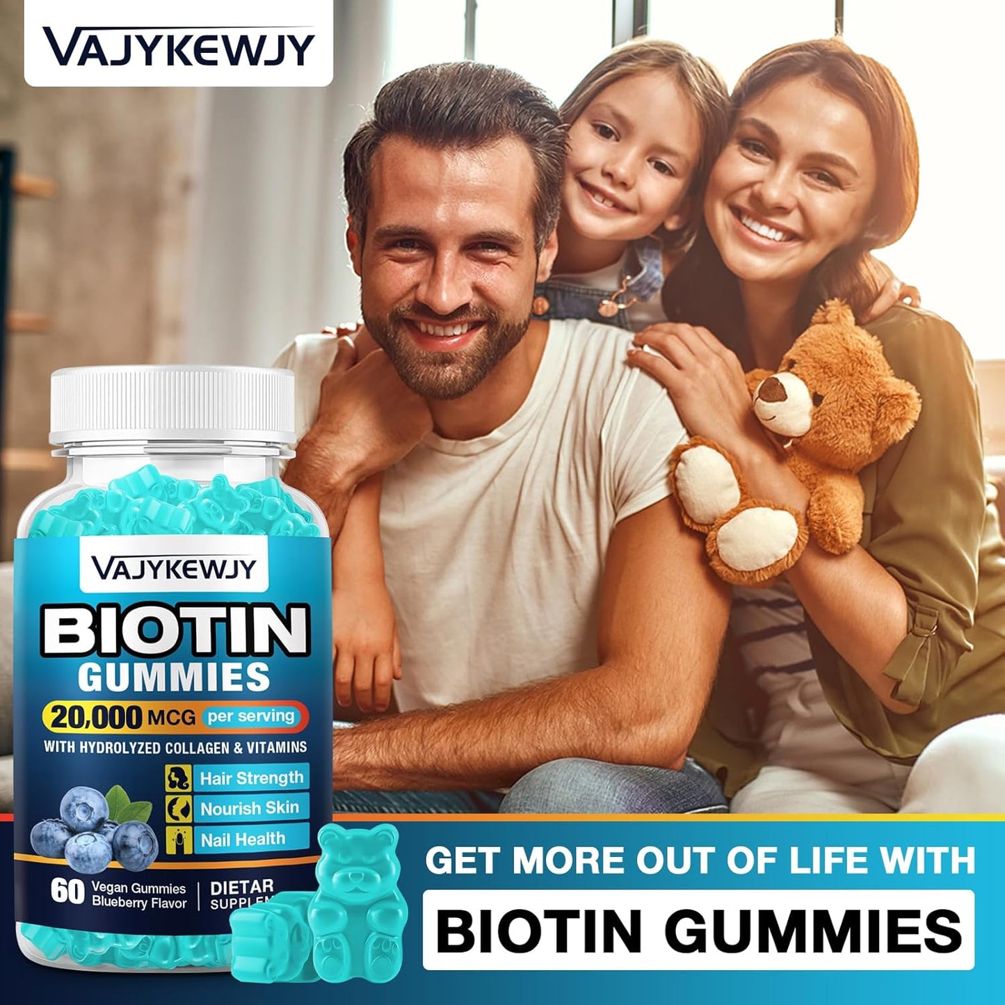 20,000 mcg Vegan Biotin Gummies for Hair, Skin & Nails - Suitable for Men & Women - 60 Gummies