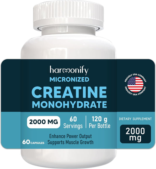 2000mg HARMONIFY Creatine Monohydrate Amino Acid Powder - Gluten-Free, Keto - NSF Certified, 60 Servings for Muscle Support & Cognitive Function