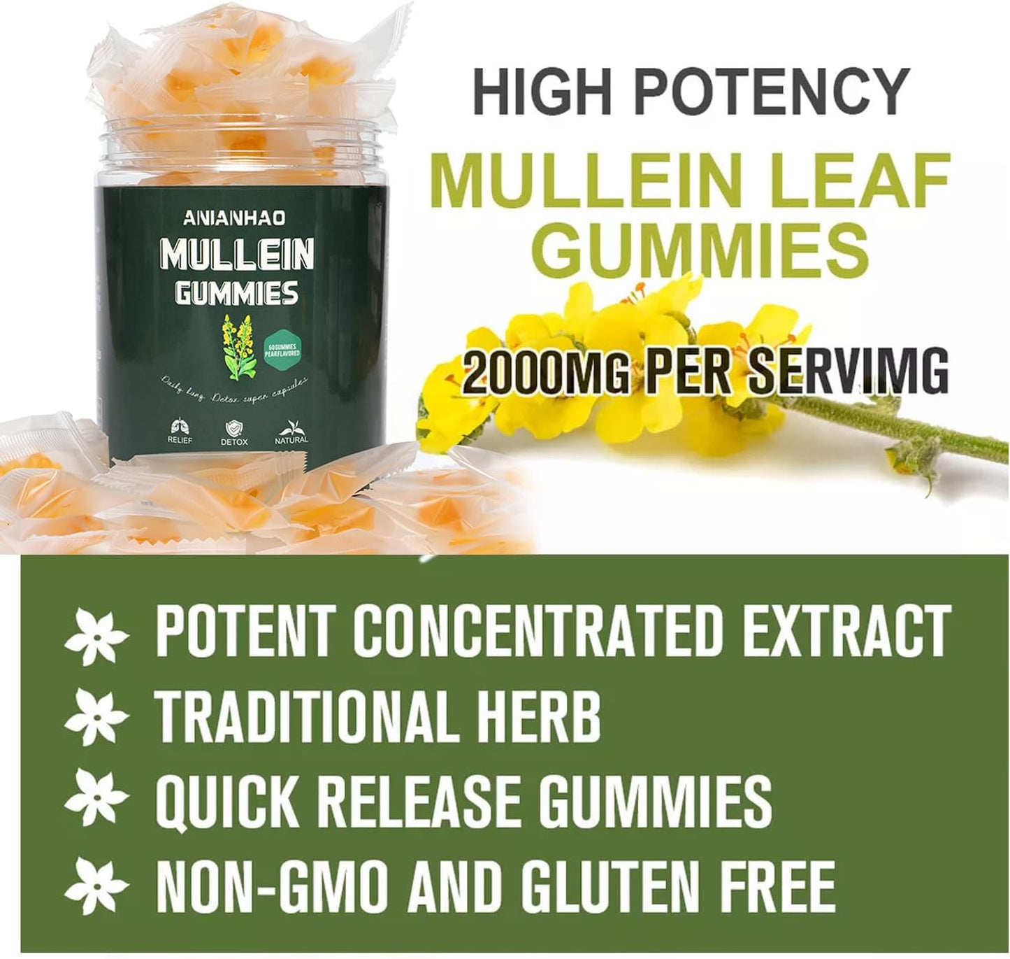 2000mg Mullein Leaf Extract Gummies for Lungs - Natural Mucus Remover & Lung Cleanse Supplement
