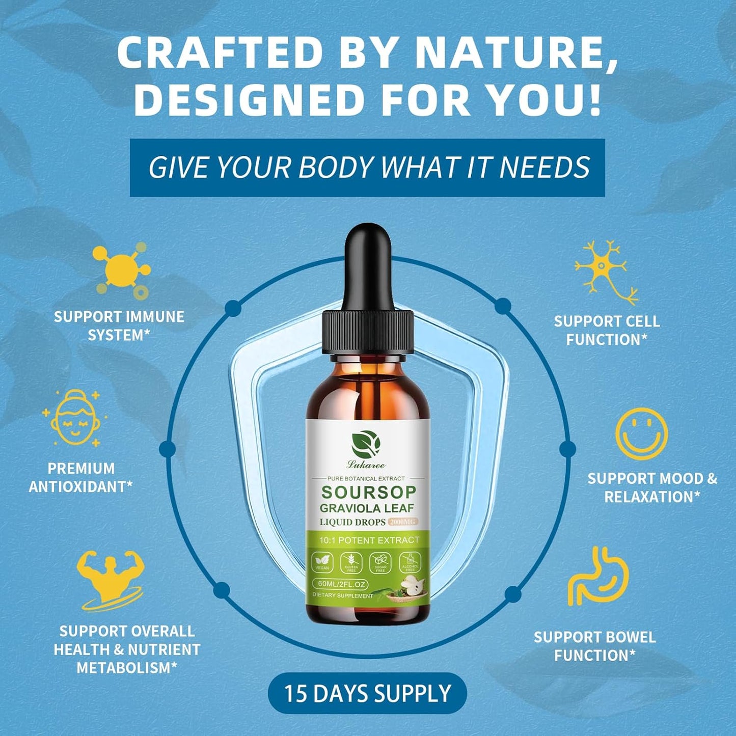 2000mg Soursop Bitters Liquid for Cell Support & Immune Boost - Antioxidant Multivitamin Drops - 15 Day Supply - Sugar & Gluten Free