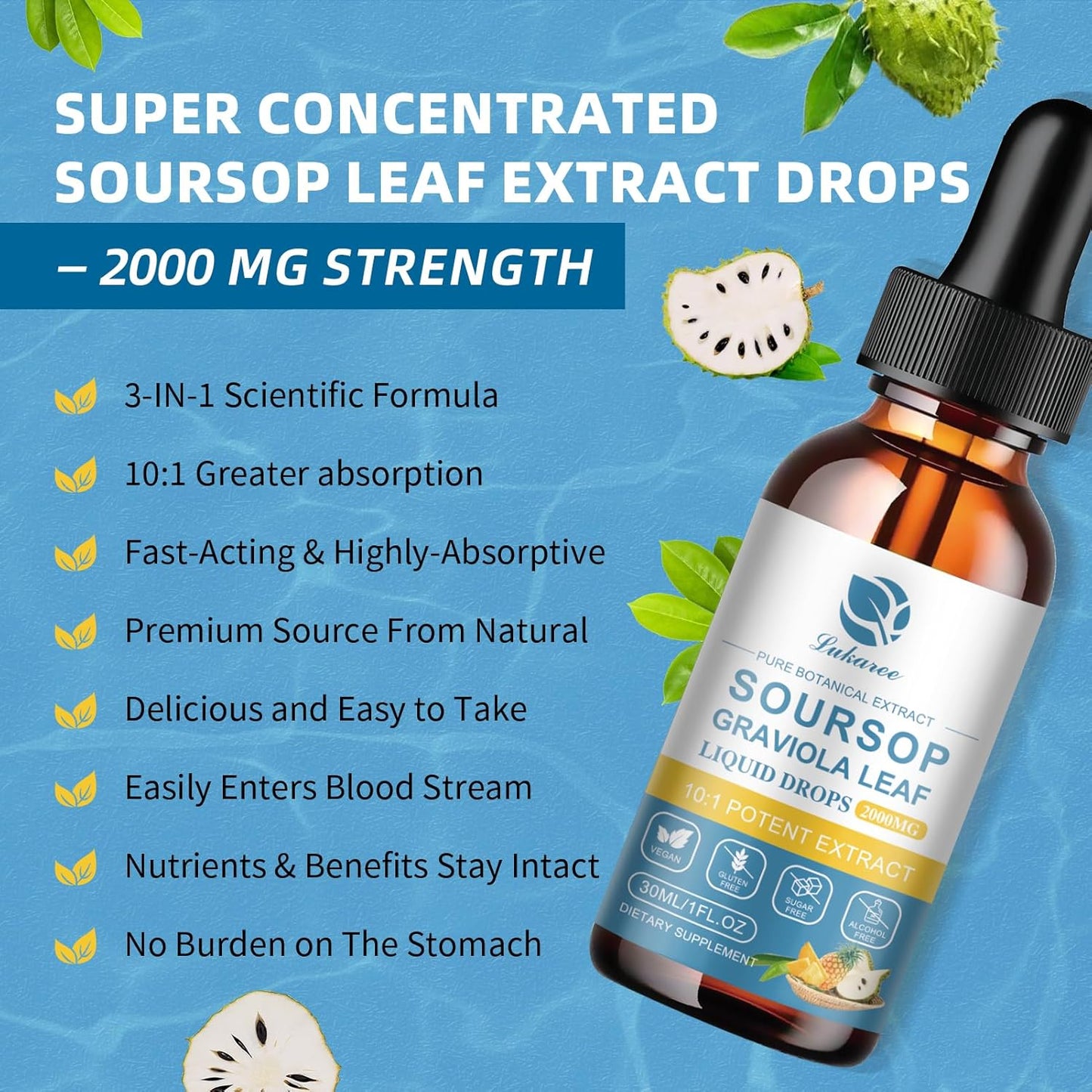 2000mg Soursop Bitters Liquid for Cell Support & Immune Boost - Antioxidant Multivitamin Drops - 15 Day Supply - Sugar & Gluten Free