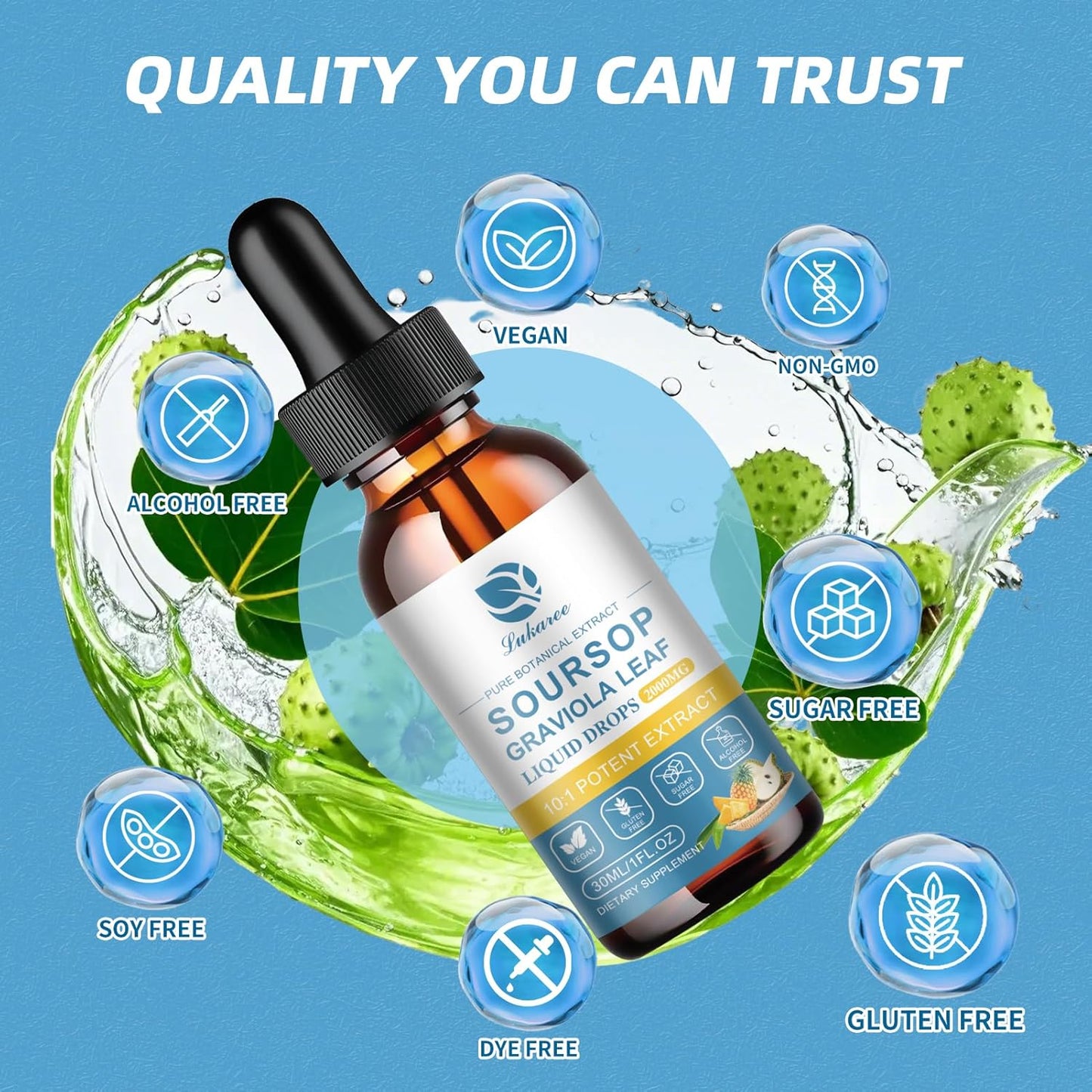 2000mg Soursop Bitters Liquid for Cell Support & Immune Boost - Antioxidant Multivitamin Drops - 15 Day Supply - Sugar & Gluten Free