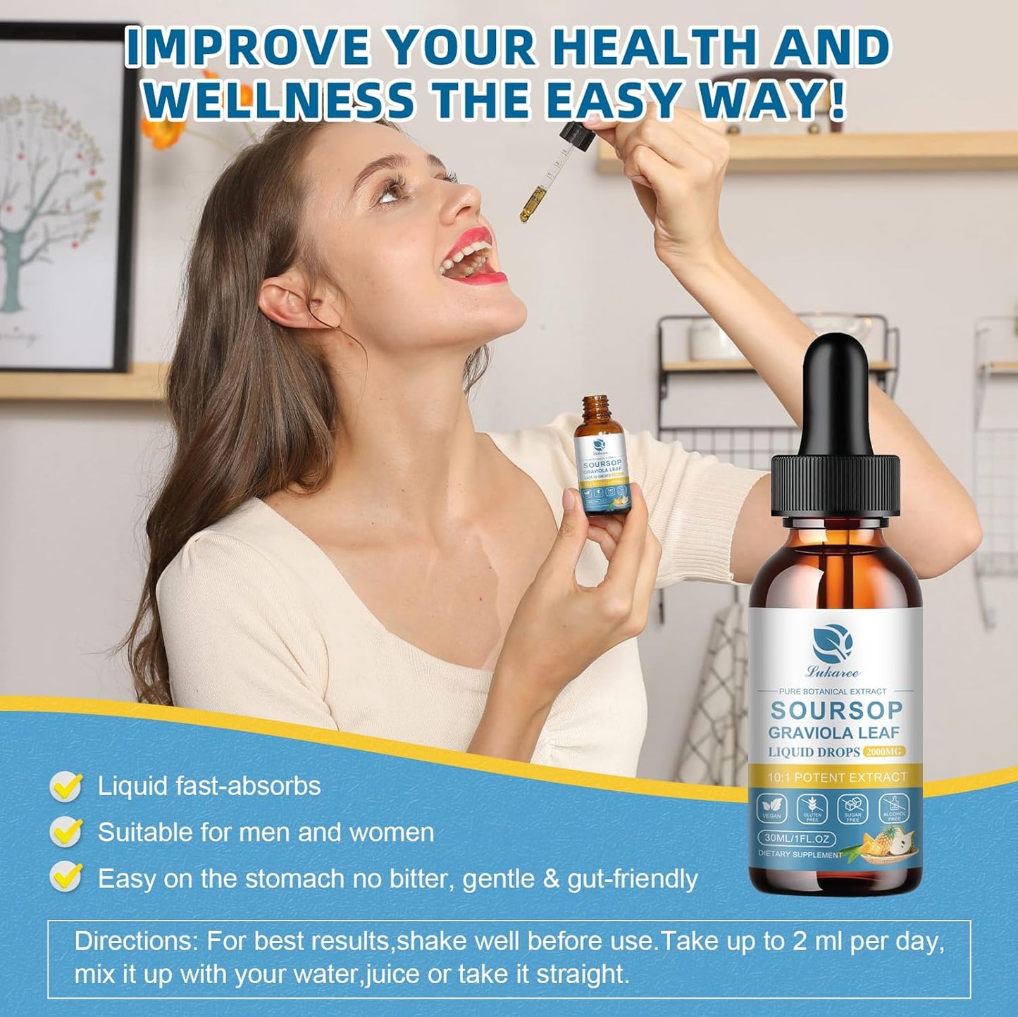 2000mg Soursop Bitters Liquid for Cell Support & Immune Boost - Antioxidant Multivitamin Drops - 15 Day Supply - Sugar & Gluten Free