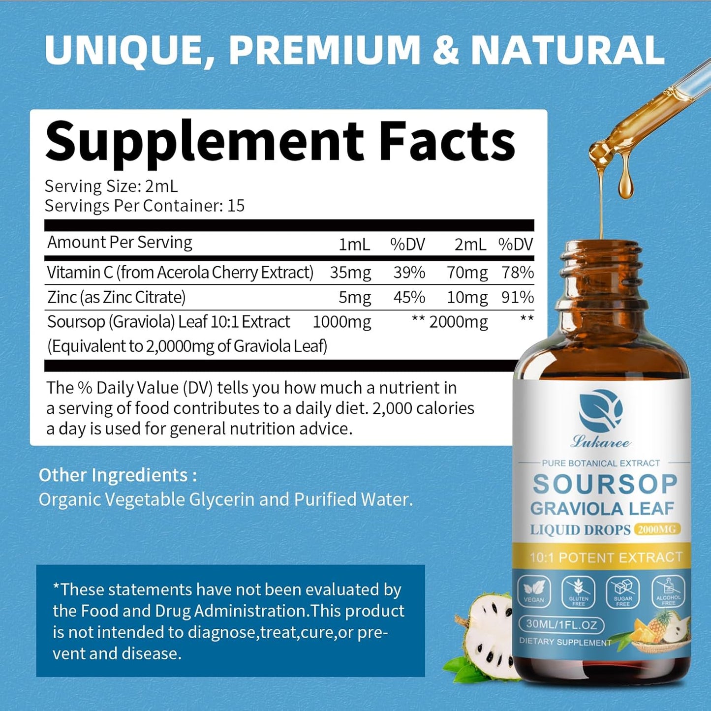 2000mg Soursop Bitters Liquid for Cell Support & Immune Boost - Antioxidant Multivitamin Drops - 15 Day Supply - Sugar & Gluten Free