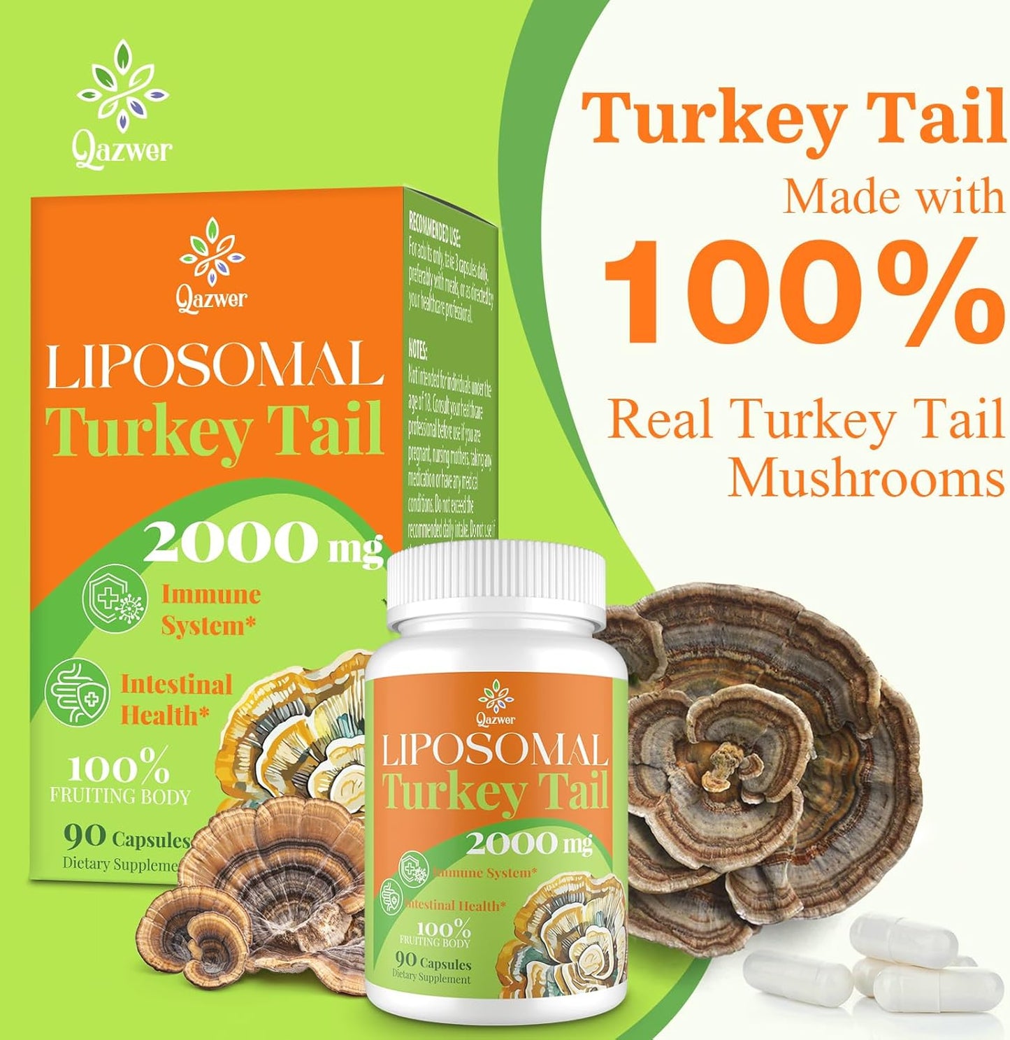 2000MG Turkey Tail Mushroom Capsules for Digestive Health & Immune Support - High Absorption Supplement for Gut Microbiome, Energy & Brain Health - 3 Pack