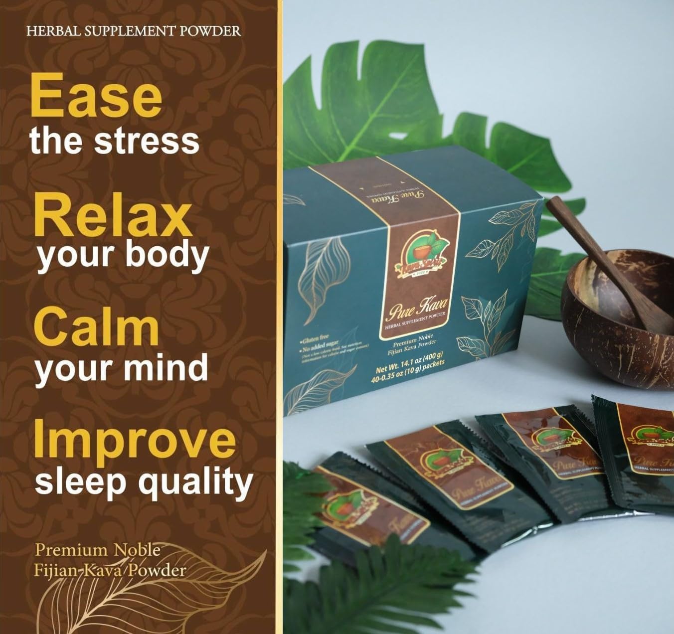 2022 Fijian Noble Instant Kava Powder - Premium Authentic Quality - 10% Kavalactones - 40 Packets - 14.1 oz Box