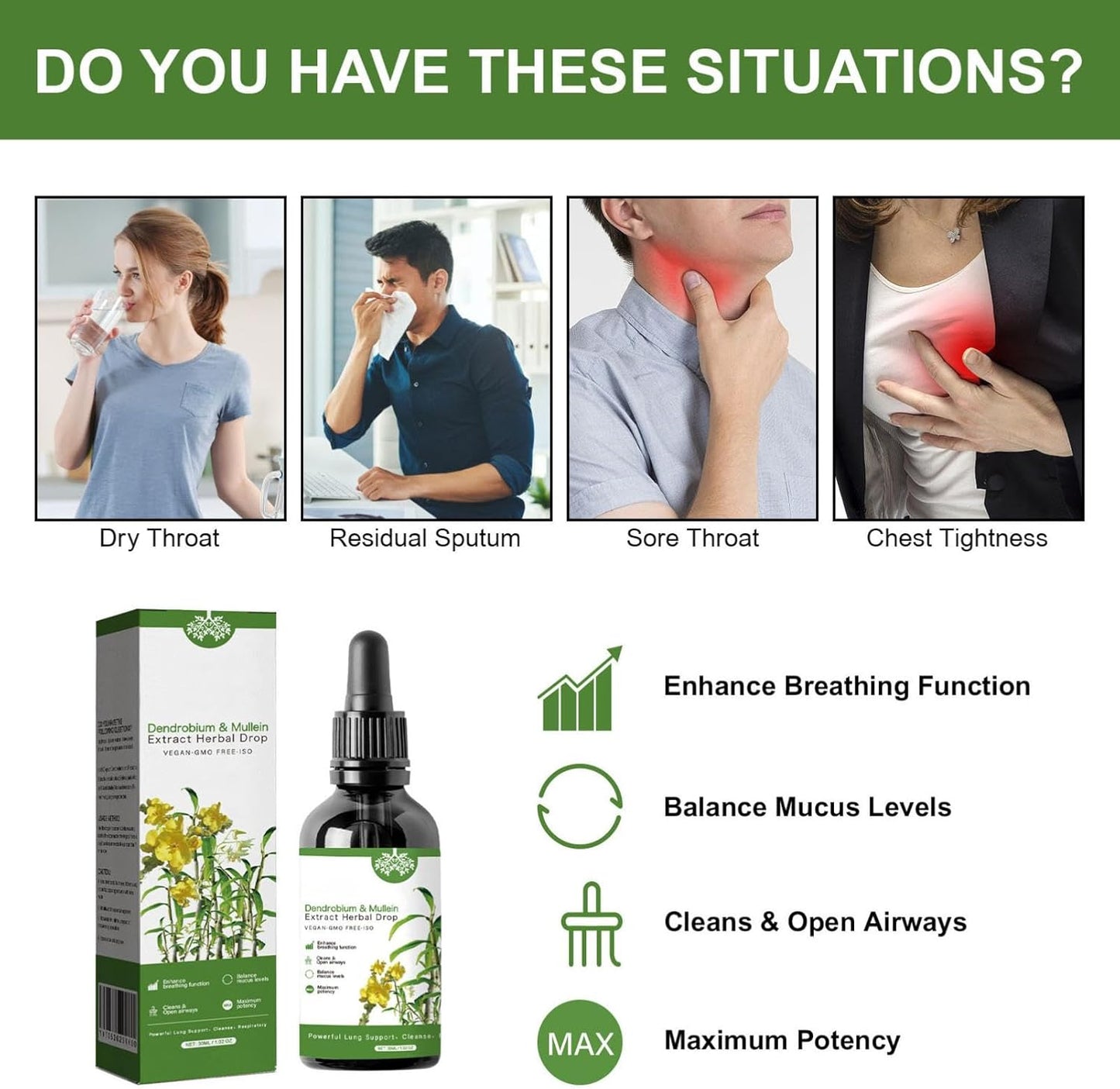 2024 SGJHEQ Dendrobium & Mullein Extract Herbal Drops for Lung Support - 30ml, 1Oz Box - Herbal Care Essence