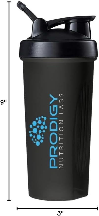 20oz Large Protein Shaker Bottle by Prodigy Nutrition Labs - Ideal for Workout Supplements, Protein Powder, BCAA'S - BPA-Free Black Bottle for Fitness Enthusiasts