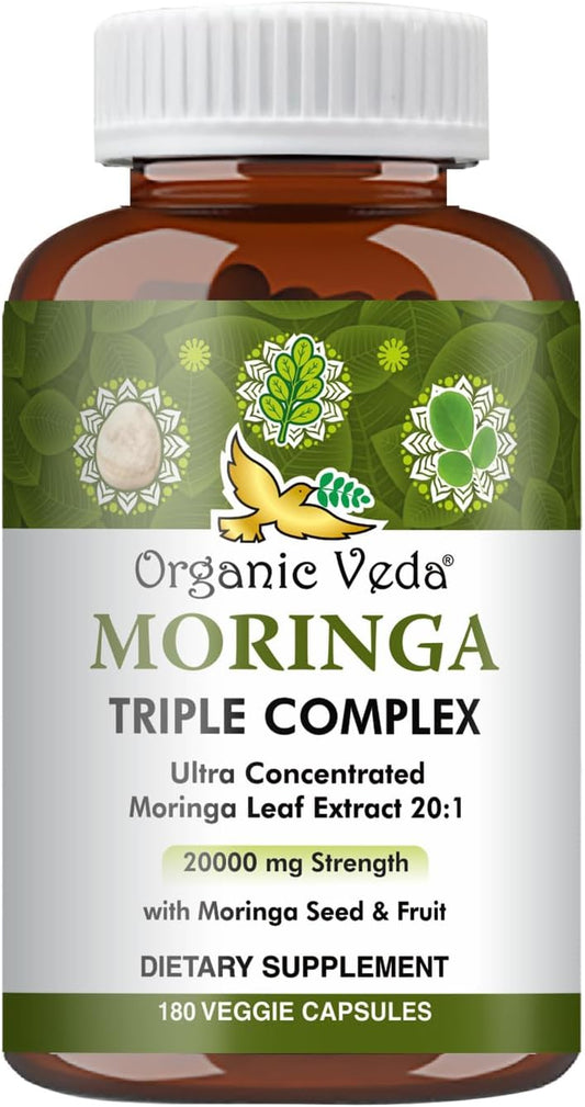 20x Concentrated Organic Moringa Capsules with Seed & Fruit Powder - Antioxidant & Joint Support - 180 Vegan Capsules