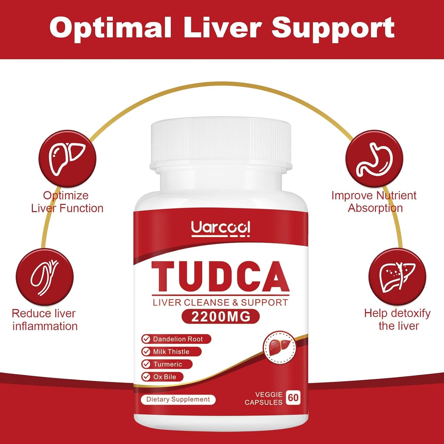 2200MG Uarcool TUDCA Liver Support Supplement with OX Bile & Digestive Enzymes - Non-GMO, Gluten Free - 180 Softgels