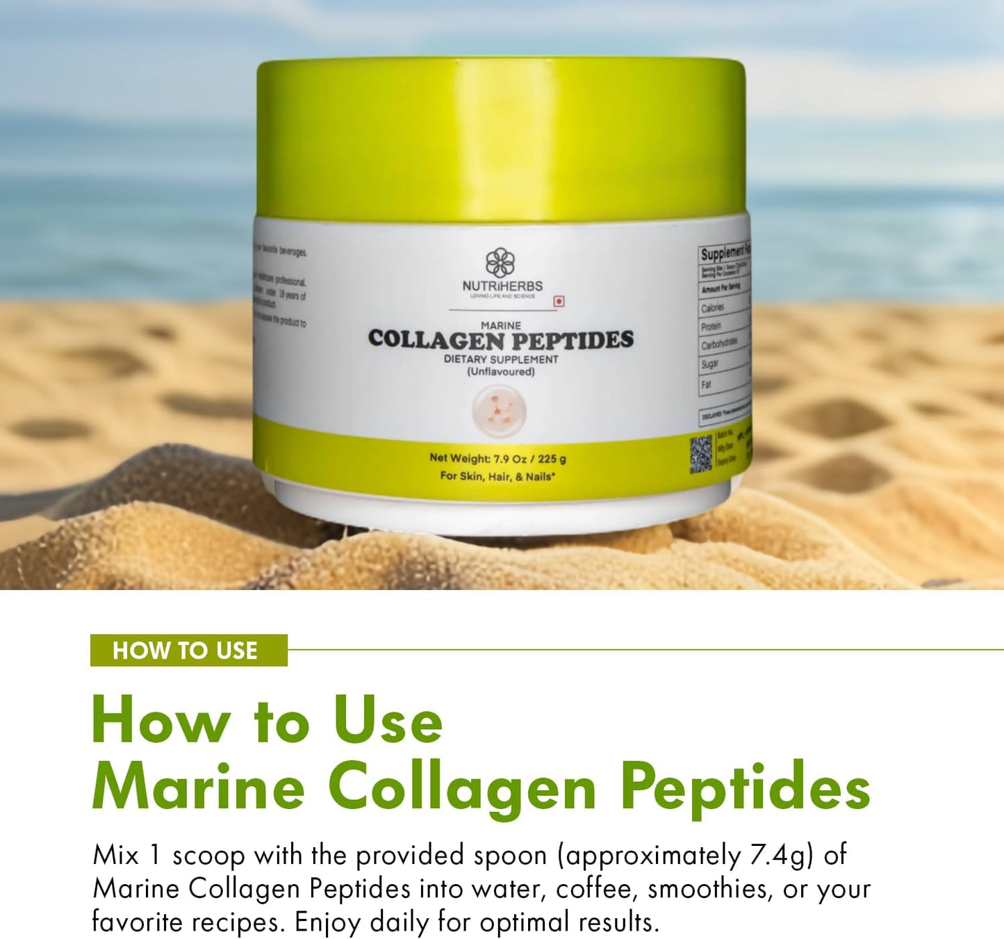 225g Nutriherbs Marine Collagen Peptides Powder for Women | Type 1 Hydrolyzed Collagen Supports Skin, Hair, Nails | 30 Servings