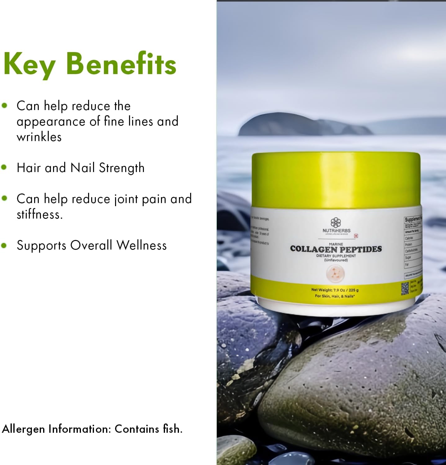 225g Nutriherbs Marine Collagen Peptides Powder for Women | Type 1 Hydrolyzed Collagen Supports Skin, Hair, Nails | 30 Servings