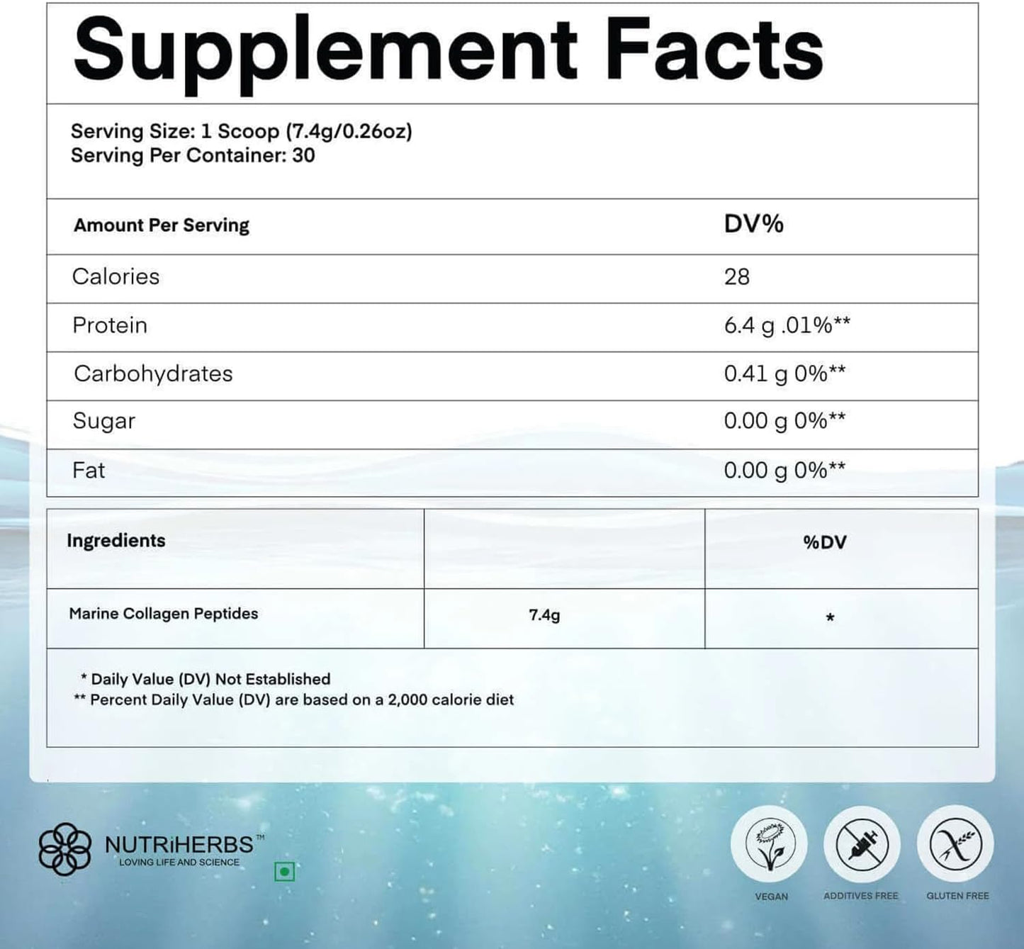 225g Nutriherbs Marine Collagen Peptides Powder for Women | Type 1 Hydrolyzed Collagen Supports Skin, Hair, Nails | 30 Servings
