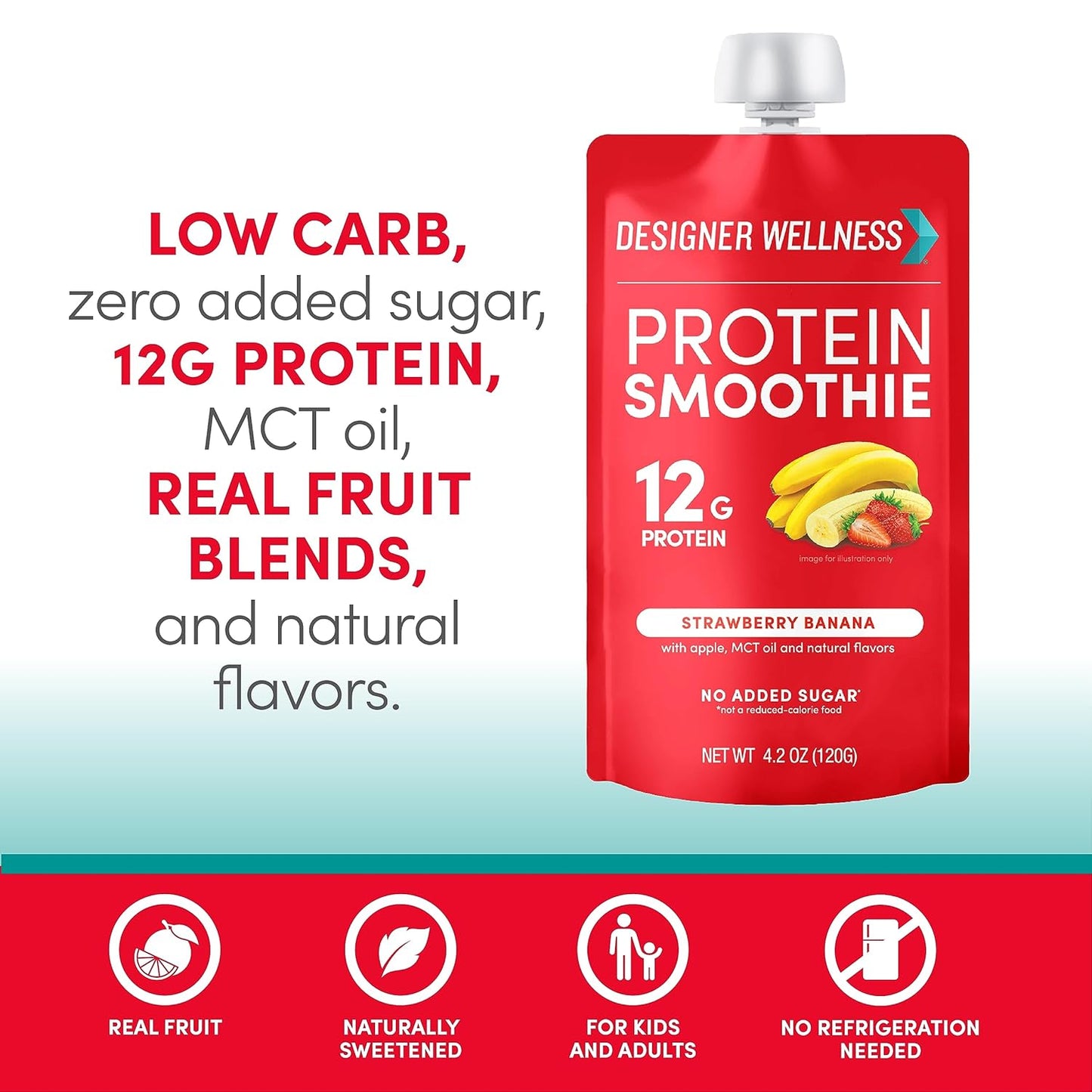 24 Count Designer Wellness Strawberry Banana Protein Smoothie with Real Fruit - 12g Protein, Low Carb, Zero Added Sugar, Gluten-Free, Non-GMO, No Artificial Colors or Flavors