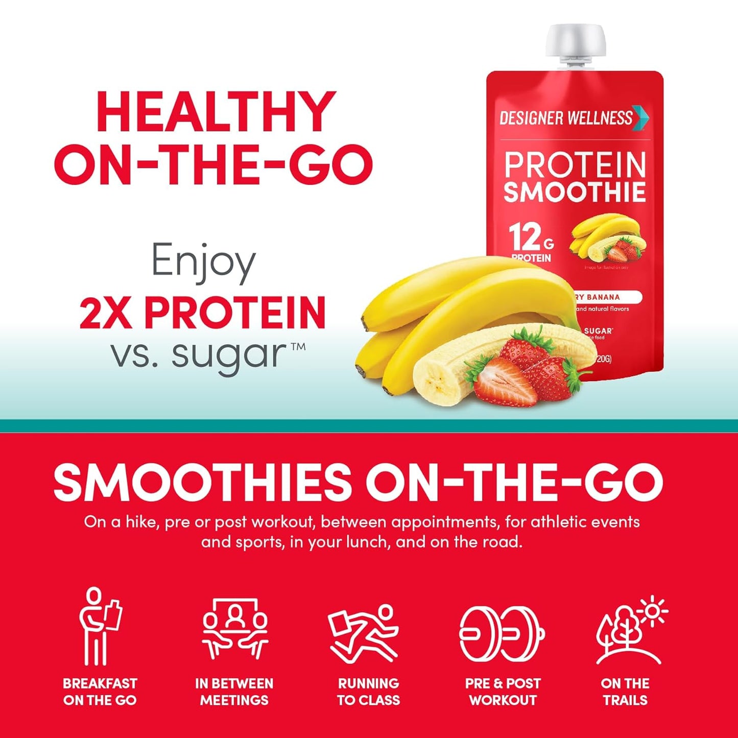 24 Count Designer Wellness Strawberry Banana Protein Smoothie with Real Fruit - 12g Protein, Low Carb, Zero Added Sugar, Gluten-Free, Non-GMO, No Artificial Colors or Flavors